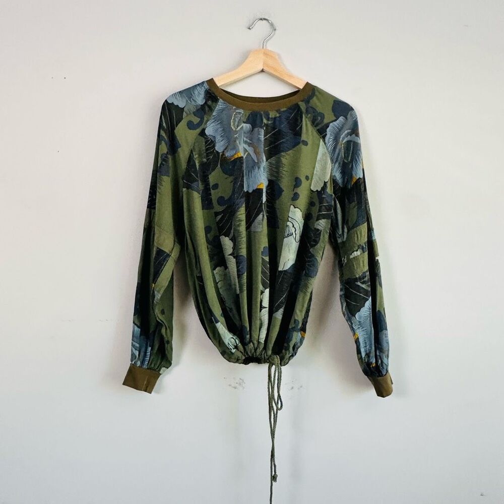 Anthropologie Tiny Ivy Blouse Long Sleeve Camo Floral Tropical Boho Green - Picture 4 of 10
